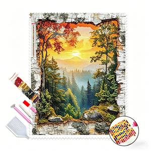 Kit <span class=keywords><strong>de</strong></span> Peinture Diamant DIY Coucher <span class=keywords><strong>de</strong></span> Soleil dans la Forêt, Peinture Diamant Ronde Complète avec Accessoires pour Décoration Intérieure - Product Image 1