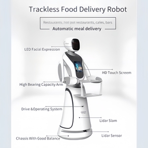 Robots de service hôtelier <span class=keywords><strong>avec</strong></span> interaction vocale, livraison de repas par IA, auto-recharge, en acier inoxydable, fonctionnalités de réduction du bruit - Product Image 3