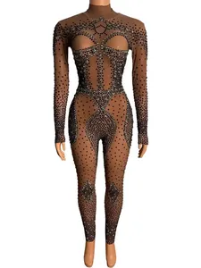 Traje <span class=keywords><strong>de</strong></span> Baile <span class=keywords><strong>de</strong></span> Verano, Ajustado, con Pedrería Brillante, para Club Nocturno, Bar, Red Social, Cuello Rojo, Estilo Celebridad, <span class=keywords><strong>Mono</strong></span> para Escenario - Product Image 2