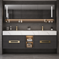 Meuble-lavabo mural de luxe moderne cannelé avec vasque et miroir LED rond pour projets hôteliers et d'appartements