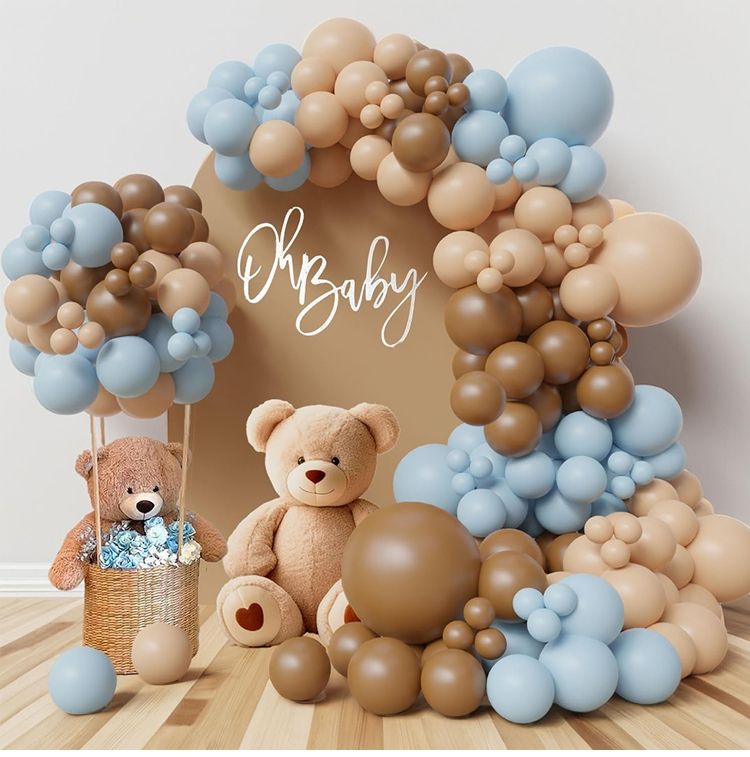 Bear Theme Baby Shower Boy Decorations Light Blue Beige Tan Brown