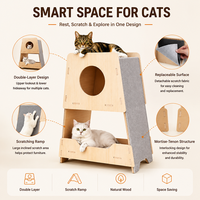 Maison pour chat en bois à deux niveaux avec rampe à gratter et tissu à gratter amovible, lit pliable pour chats d'intérieur