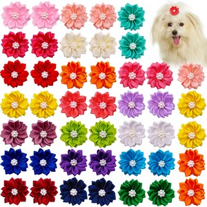 Noeuds de cheveux faits main en fleurs, perles et diamants pour enfants et animaux de compagnie, attaches élastiques pour la décoration, fleurs en mousseline de soie avec perles et strass - Product Image 1