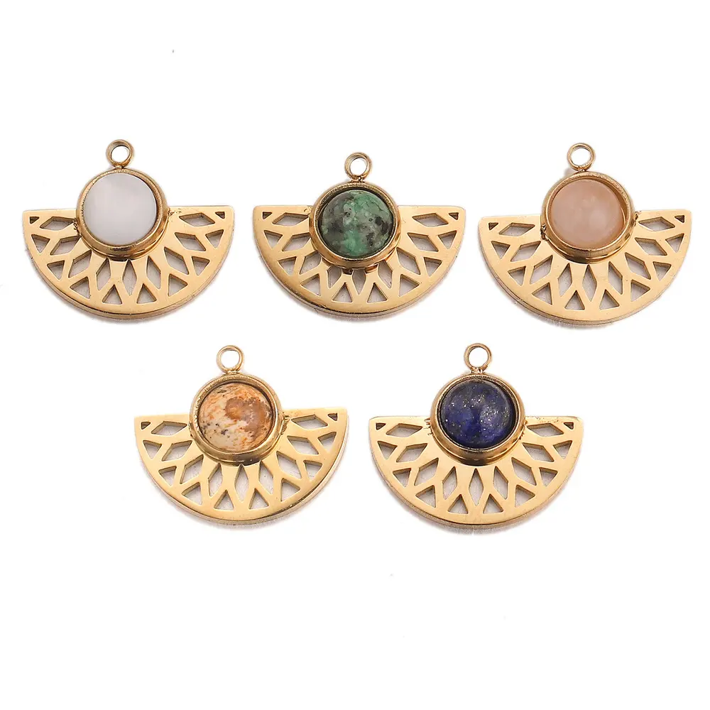 Hobbyworker 5pcs Natural Stone and Stainless Steel Gold Sector Pendant Charms For DIY Earring Necklace Making Wholesale P0447