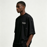 T-shirt personnalisé Kornit DTG noir à ourlet déchiré pour homme, style vintage oversize avec petit logo sur la poitrine, service OEM personnalisé