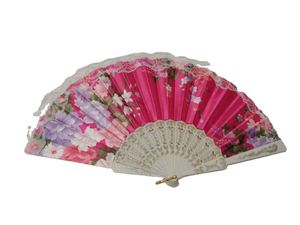 Abanico de Mano de Plástico Blanco de 23 cm, con Diseño Multicolor en Tela Satinada y Encaje, Ideal para Fiestas, Promociones, Año Nuevo y Pascua - Product Image 2