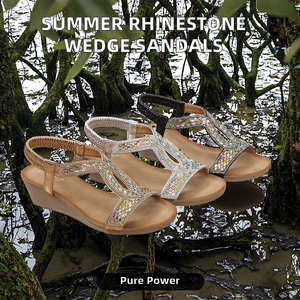 Sandalias de cuña con pedrería y cuentas para mujer, estilo casual de verano, con tiras en T, ligero, sexy, con correa al tobillo, diseño de flor romana, ¡Gran oferta! - Product Image 3