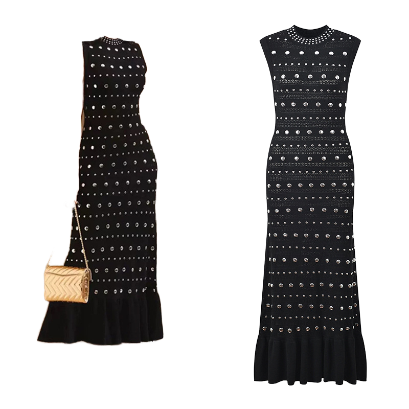 Elegant Vintage Sleeveless Beaded Knit Midi Dress for Women