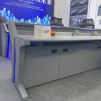 Centro de Comando de Operaciones de Seguridad moderno, escritorio de PC, mesa de operaciones de acero metálico, monitoreo, muebles de sala de conferencias, mesas de oficina