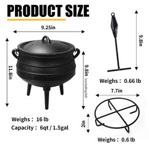 Caldero Potjie de hierro fundido Olla de Horno Holandés de 3 patas con tapa-Incluye elevador de tapa y soporte - Product Image 4