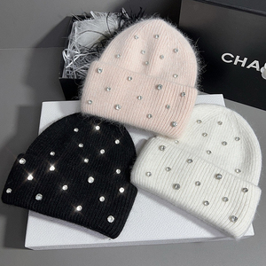 หมวกไหมพรมแฟชั่นสำหรับผู้หญิง ดีไซน์เก๋ ขนกระต่าย ประดับเพชรเทียม หนานุ่ม อุ่นสำหรับฤดูหนาว ขายส่ง หมวกบีนนี่สำหรับผู้หญิง - Product Image 2