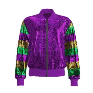 2024 Mardi Gras Apparel ZipperJacket Women Sequins Striped Sleeve Sequin Bomber Jacket