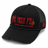 Gorra Trucker Personalizada con Efecto Desgastado, Logotipo Bordado en Rojo, 5 Paneles, Malla Trasera, Cierre a Presión, Estilo Vintage, para Ciclismo, Playa y Uso Diario