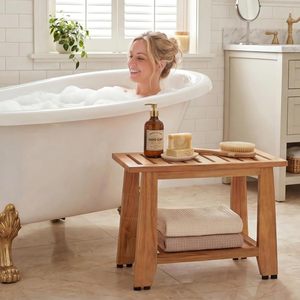 Tabouret de salle de bain en teck avec double rangement, imperméable, antidérapant, siège de bain en bois massif 33x61x46cm - Product Image 1