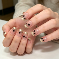 24 faux ongles carrés en PMMA, rose nude, étoiles noires, pointes françaises dorées, brillants, réutilisables, avec colle, qualité salon, pour DIY