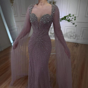Vestido <span class=keywords><strong>de</strong></span> Noche <span class=keywords><strong>de</strong></span> Alta Gama S2055Y Color Caramelo con Cuentas y Mangas con Volantes para Anfitriona <span class=keywords><strong>de</strong></span> Banquete - Product Image 5