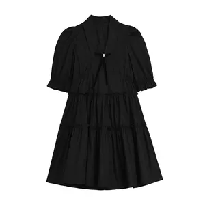 Kadın yaz kabarcık kollu moda kore elbise bayanlar giyim toptan A-Line siyah resmi elbiseler