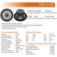 DYD480-51B Haut-parleur de graves professionnel 18 pouces, bobine vocale en cuivre 100 mm, 500-1000W, 8 ohms, 95 dB, pour scène