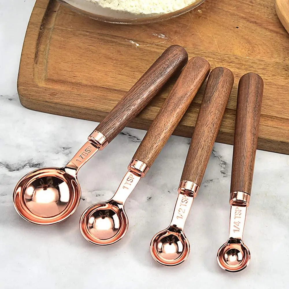 Stainless Steel Rose Gold 1.25/2.5/5/15ml Measuring Spoon Set Wooden Handle Copper Plating Kitchen/Restaurant Home Use Pack Box