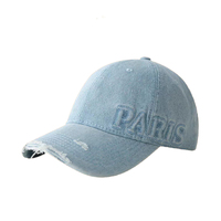 Topi Baseball 5-Panel Berbahan Denim Terstruktur dengan Bordir Tonal Paris, Pinggiran Melengkung Custom, Model Dad Hat, Grosir, Efek Washed, OEM ODM