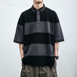 Camisa a Rayas con Bloques de Color para Hombre, Manga Corta, Tejida, Informal, Diseño con Patrón Negro y Gris - Product Image 5