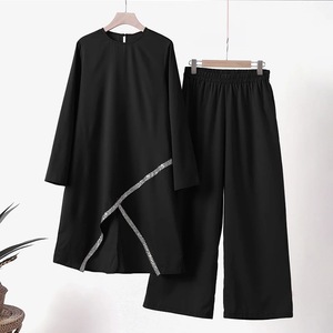All'<span class=keywords><strong>ingrosso</strong></span> <span class=keywords><strong>abbigliamento</strong></span> islamico da <span class=keywords><strong>donna</strong></span> Set-O-collo Top pantalone modello solido stile Casual arabo musulmano Abaya per l'estate 2 pezzi - Product Image 3