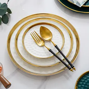 Trending Pottery and Porcelain Plate Dish Set Ceramic Service Under Plate with Gold Rim 6 8 10 inch Green Ceramic Crockery