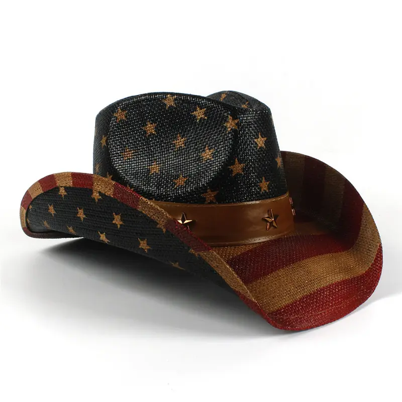 หมวกฟางกระดาษคาวบอยสำหรับผู้ชาย,หมวกฟางคาวบอยสไตล์ตะวันตกพิมพ์ลายธงอเมริกาหมวกปีกกว้างสวมใส่ได้ทั้งผู้ชายและผู้หญิง