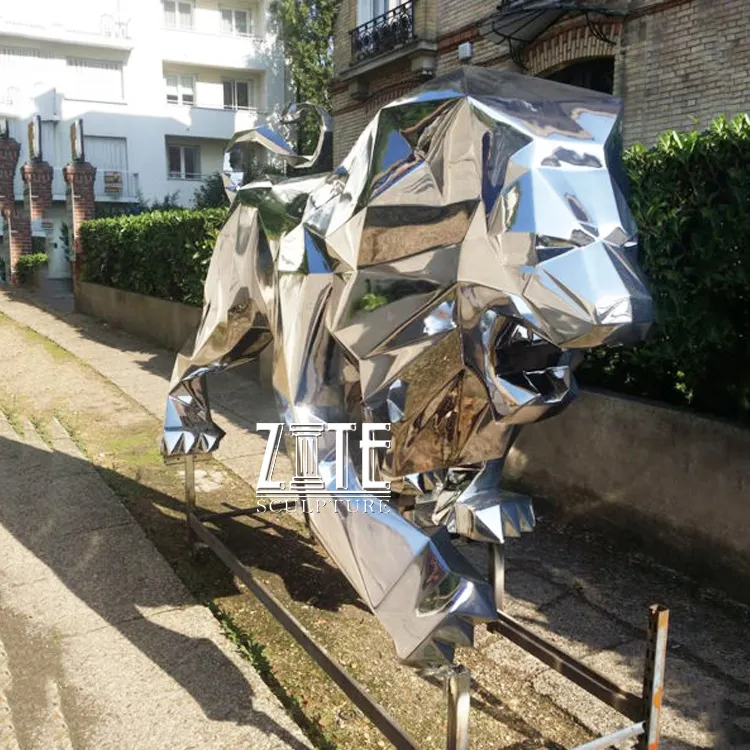 Açık metal hayvan heykel paslanmaz çelik geometrik aslan heykeli