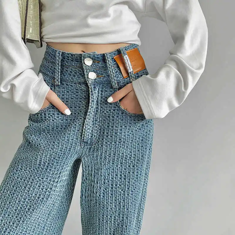 Light blue high waisted personalized fashion wide leg woven jeans Korean casual autumn clothes vertical feeling floor dragging p
