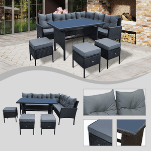 <span class=keywords><strong>AUDU</strong></span> lusso 7 posti Set da pranzo rettangolare blu Rattan metallo verniciato a polvere telaio da giardino esterno per Hotel Villa - Product Image 1