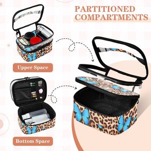 Pochette de maquillage en PVC à imprimé léopard avec logo personnalisé, motif papillon bleu, fermeture éclair transparente, organiseur de toilette de voyage - Product Image 3