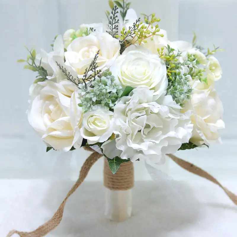 Hot Sell Wholesale Wedding Flower Decor White Rose Berries Handle Flower for Bridal Bouquet Artificial Flowers
