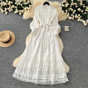 Robe longue corset à col montant et manches longues, style royal français, en dentelle, pour femme, qualité supérieure - Product Image 5