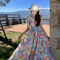 Robe longue bohème personnalisée en tissu tissé avec imprimé aquarelle mignon, bretelles spaghetti et volants pour femme, idéale pour les vacances, OEM ODM