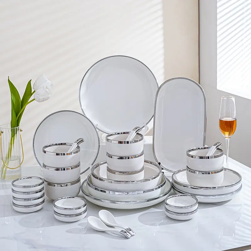 Nordic Modern round Ceramic Dinnerware Set with Silver Rim Sustainable Wedding   Home Party Dishes   Plates