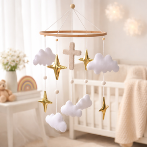 Mobile de berceau Montessori éducatif avec étoiles dorées et nuages, cadeau de baptême, jouet suspendu en forme de croix pour chambre de bébé - Product Image 1