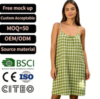 Robe midi droite froncée à fines bretelles à carreaux verts pour femme, décontractée, ample, d'été, tenue d'intérieur, vêtement de nuit, boutique de détail