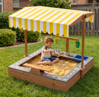 Grande Bac à Sable en Bois Écologique pour Enfants, Extérieur, avec Auvent Rayé Réglable UPF 50+, Piste de Jeu et Piste de Course, Bac à Sable Sensoriel 3-en-1