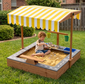 Gran arenero de madera ecológico para niños <span class=keywords><strong>con</strong></span> <span class=keywords><strong>toldo</strong></span> ajustable a rayas UPF 50+ y pista de juego 3 en 1 para exteriores - Product Image 2