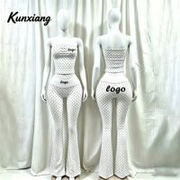 Ensemble d'été 2 pièces pour femme avec logo personnalisé, haut bustier à pois et pantalon évasé taille haute, en Spandex/Coton respirant