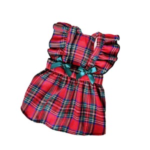 Pet Christmas Dress Plaid Skirt With <b>Bow</b> For Small Dogs <b>Red</b> And Navy Blue Polyester Four Seasons Wear - Product Image 3