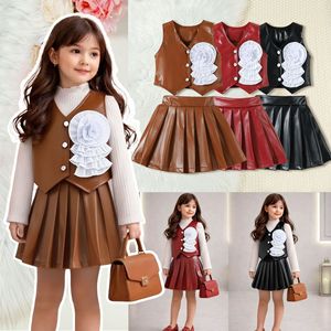 Conjunto <span class=keywords><strong>de</strong></span> Ropa <span class=keywords><strong>de</strong></span> Verano 2026 para Niña, <span class=keywords><strong>Chaleco</strong></span> <span class=keywords><strong>de</strong></span> Cuero Sintético con Flores 3D + Falda Plisada, 2 Piezas - Product Image 4