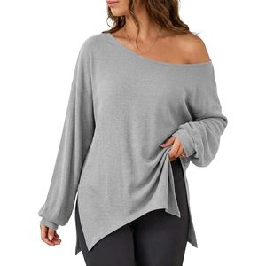 Custom Womens <b>off</b> <b>Shoulder</b> Polyester Sweatshirt Oversized <b>Long</b> <b>Sleeve</b> Ribbed Knit Pullover Casual Side Slit Loose Tunic <b>Top</b> - Product Image 1