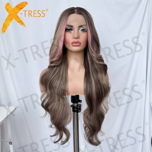 Ombre rosso Pre strappata del corpo onda di pizzo T parte <span class=keywords><strong>parrucca</strong></span> <span class=keywords><strong>lunga</strong></span> in misto sintetico capelli rosa e rosmarino pizzo anteriore parrucche in misto sintetico capelli - Product Image 4