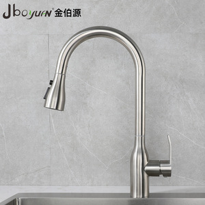 Jboyuan Kitchen Faucet 304 Stainless Steel Single Handle Pull Out <b>Spray</b> Modern Deck <b>Mounted</b> Hot Cold Water Sink Tap - Product Image 3