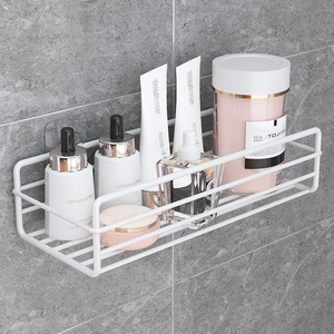 Estante de almacenamiento para baño montado en la pared, blanco y negro, sin taladro, organizador de gel de ducha con ganchos para toallas y accesorios - Product Image 3