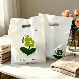 heavy duty white floral plastic gift bags wholesale die cut handles aesthetic design for small business gift giving - Product Image 1