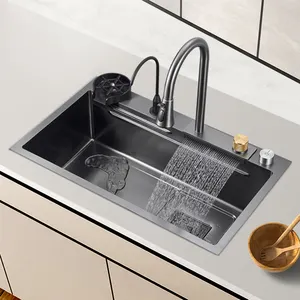 Hot Sale Sanitary Ware Wash Basin Double Bowl Stainless Steel Handmade Kitchen Undermount Sink With Waterfall Faucet