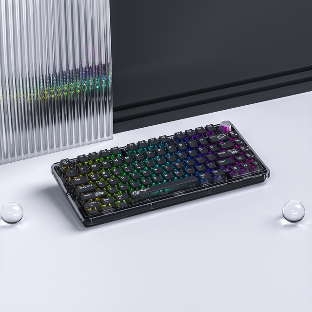 Full Transparent Clear RGB Backlit Three Mode Wireless Mechanical Gaming Keyboard Multimedia Knob Ergonomic Design USB-C 80-Key